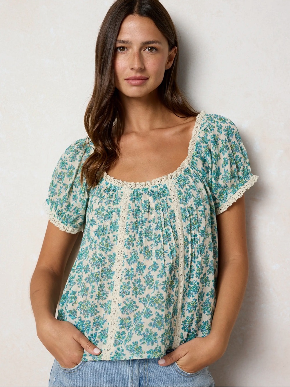 Natural Life Sweet Nothings Embroidered Cotton Top - Cream Folk Ditsy NWT